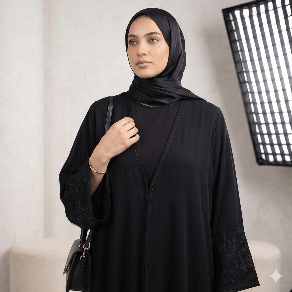 Lace Trim Abaya with Inner & Scarf – 3 Piece Set