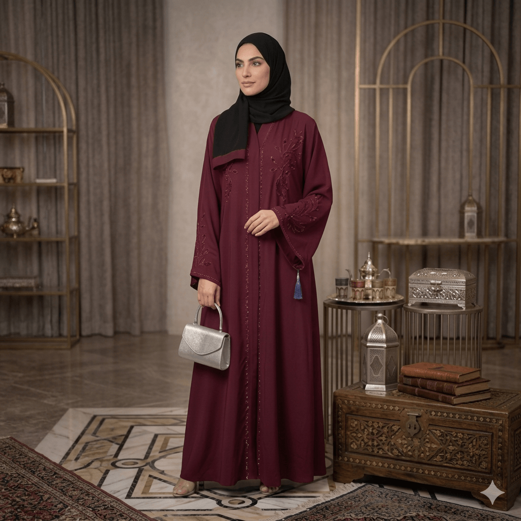 Floral Beaded Open-Front Abaya with Black Scarf – 2 Piece Set