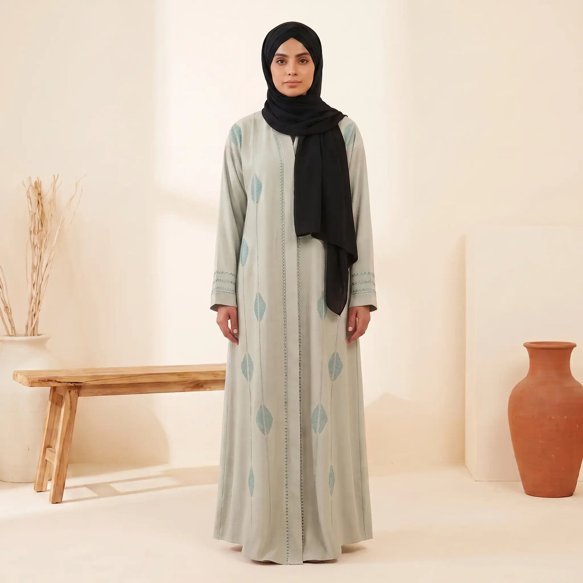 Diamond Bead & Zigzag Pleat Front Open Abaya – lifestyle editorial shot