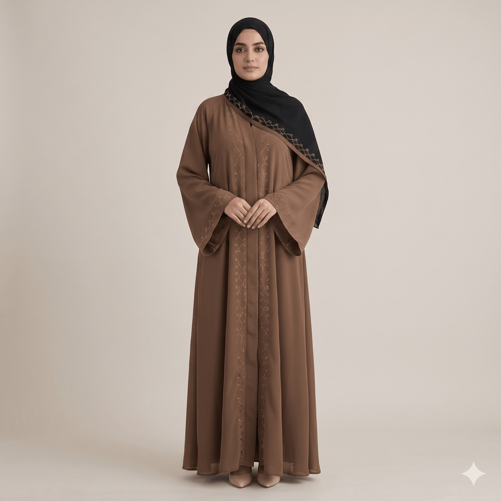 2PC Front Open Stone Work Abaya with Bell Sleeves – Nida Fabric