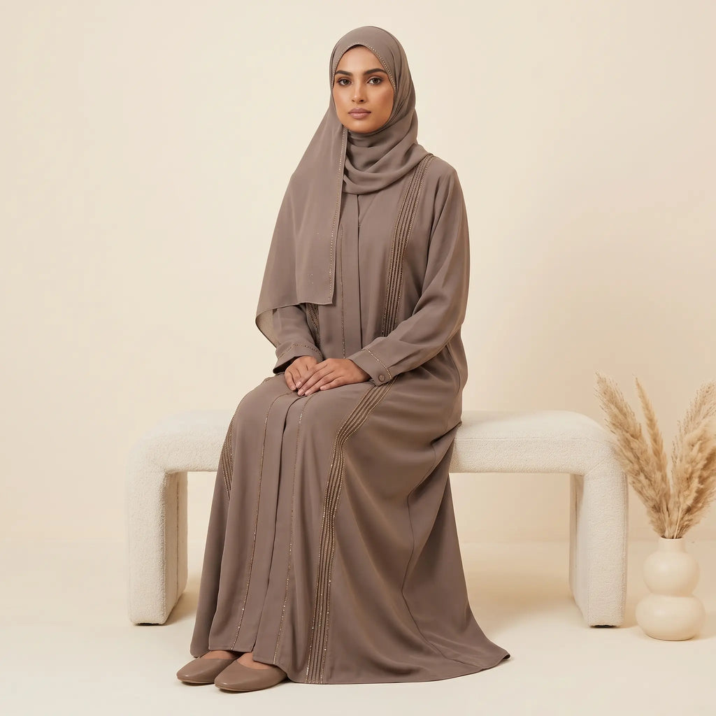Classic Pleated Bead Trim Front Open Abaya in Steel Blue – full length front view