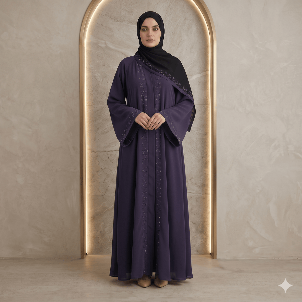 2PC Front Open Stone Work Abaya with Bell Sleeves – Nida Fabric