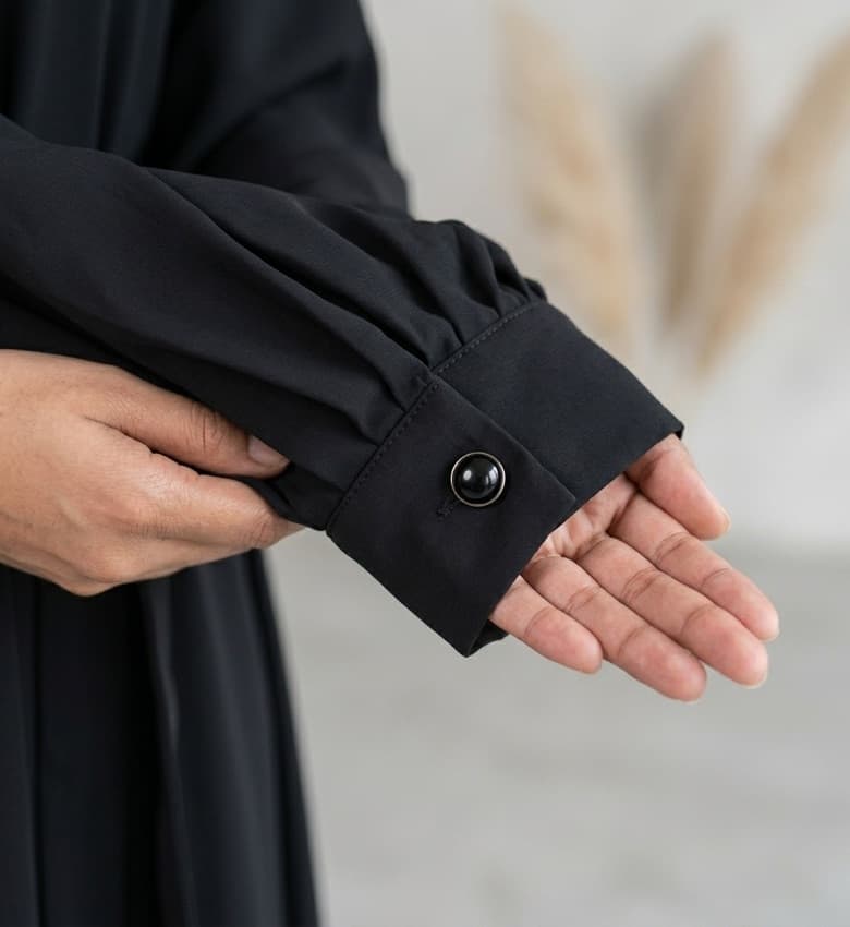 Belted Pleated-Sleeve Front Open Abaya – Premium Black Nida Modest Fashion Canada