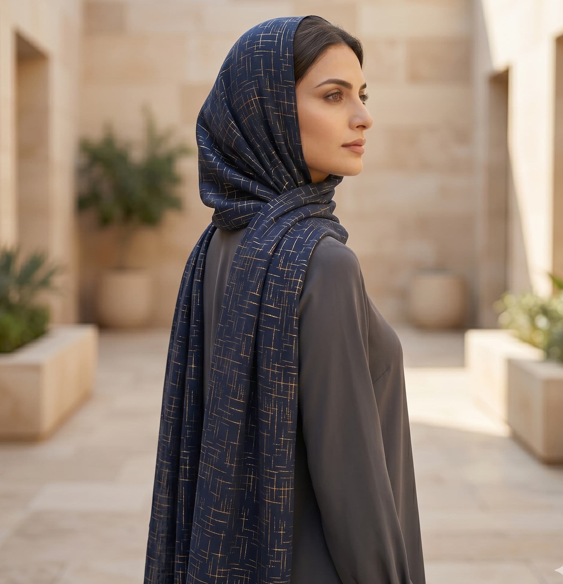 Navy Gold Crosshatch Print Chiffon Scarf – Hijab Canada