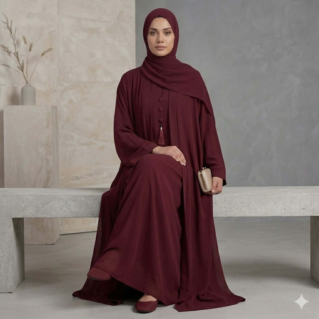 3PC Button-Hook Front Open Chiffon Abaya – Gown, Inner & Scarf