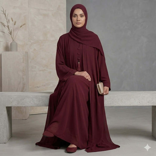 3PC Button-Hook Front Open Chiffon Abaya – Gown, Inner & Scarf