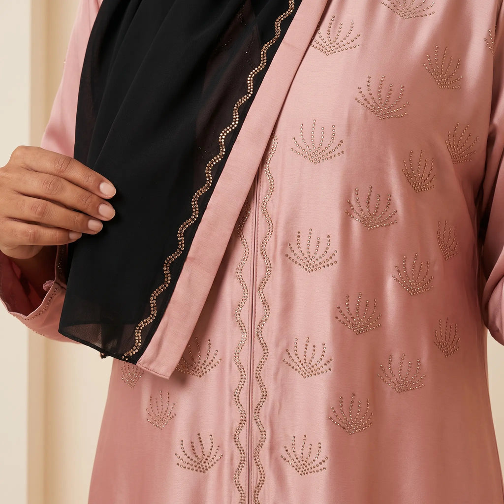 Blooming Bead Work Front Open Abaya in Sky Blue – full length