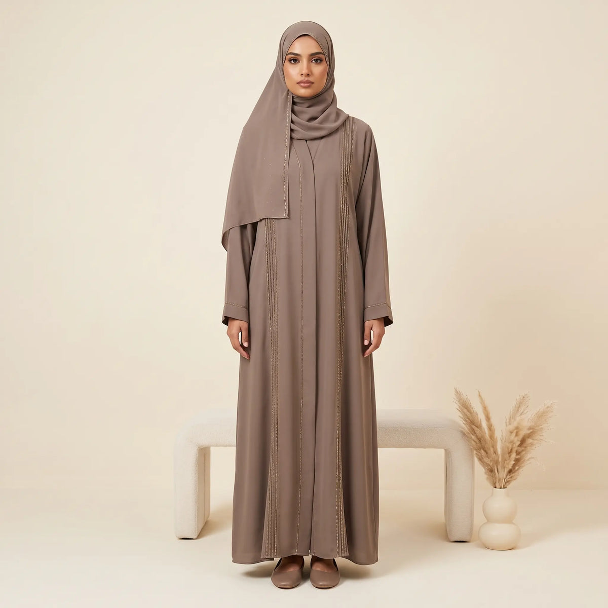Classic Pleated Bead Trim Front Open Abaya in Navy Blue – full length front view