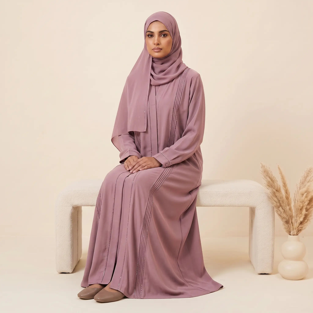 Classic Pleated Bead Trim Front Open Abaya in Brown – side profile view