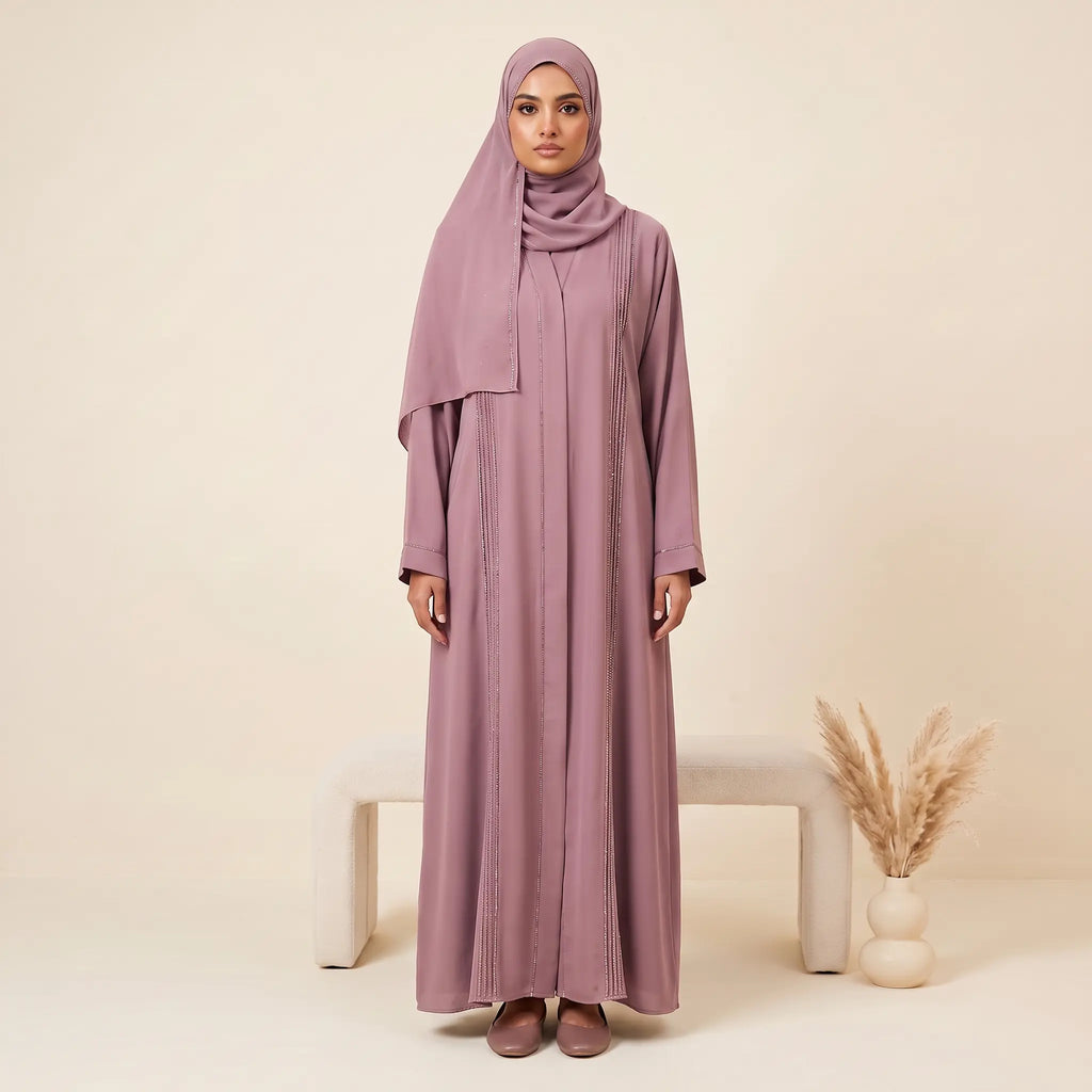 Classic Pleated Bead Trim Front Open Abaya in Brown – seated view
