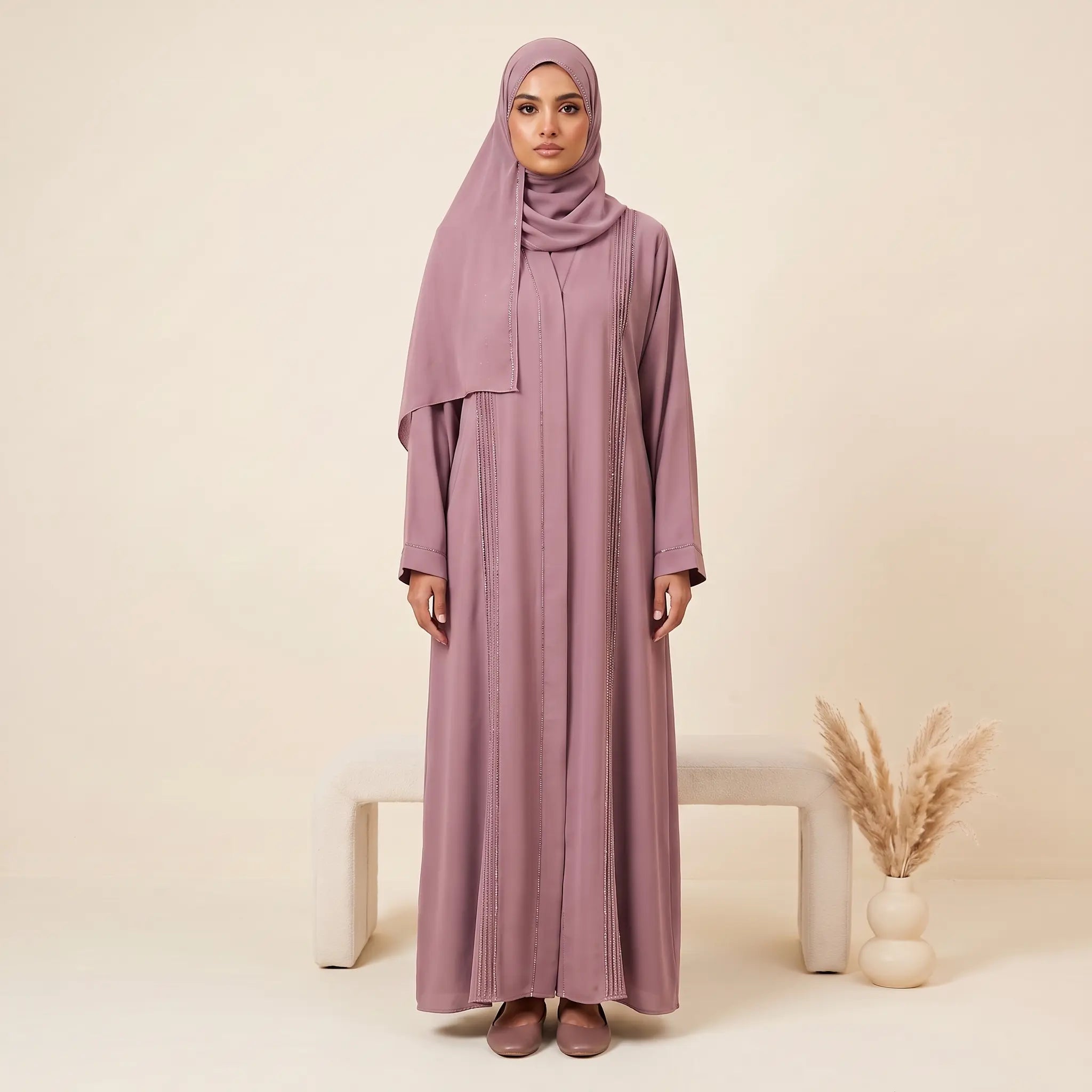 Classic Pleated Bead Trim Front Open Abaya in Brown – seated view