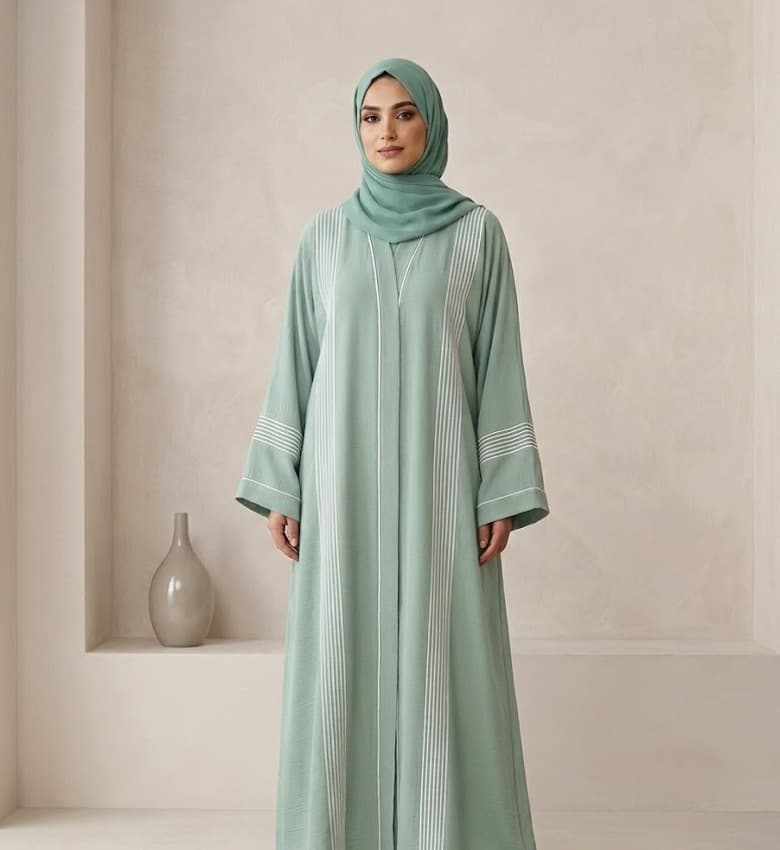 Contrast Piping Crinkle Front Open Abaya – 2-Piece Modest Fashion Canada