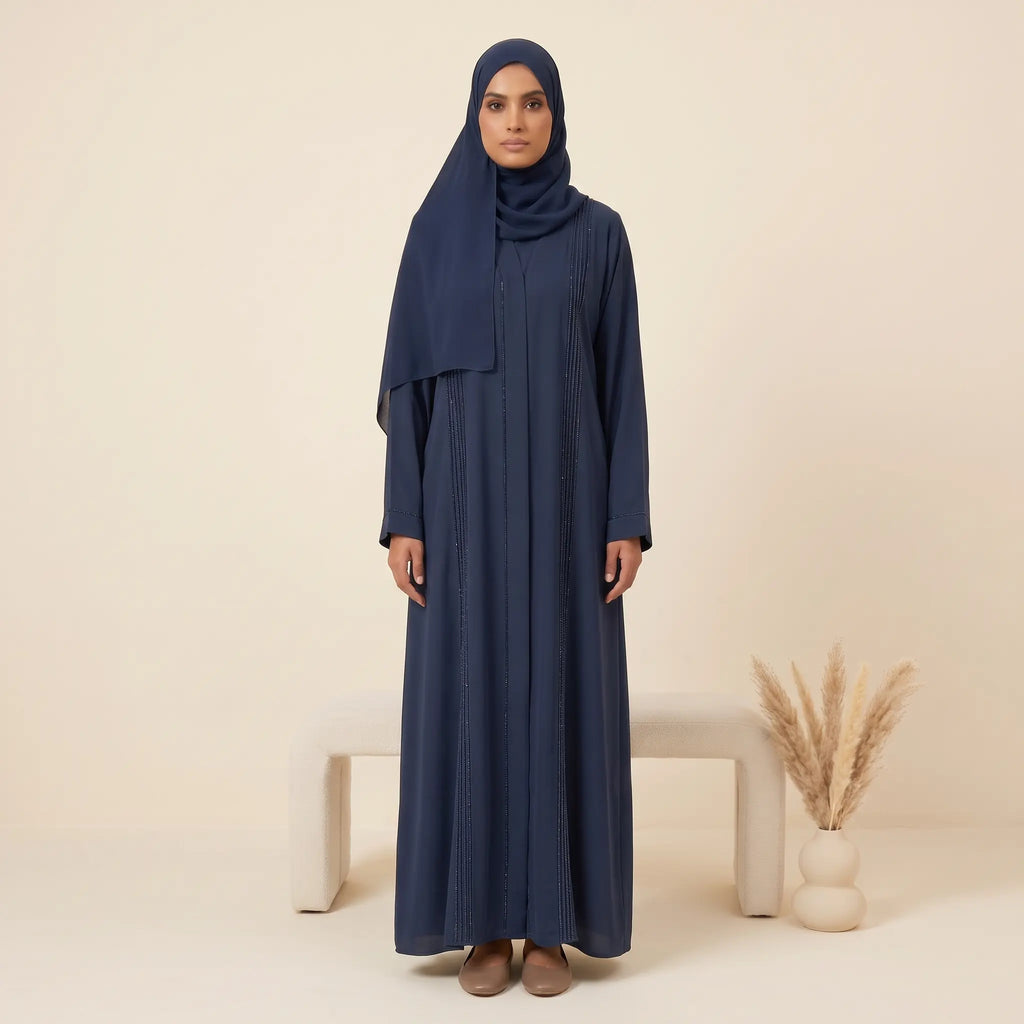 Classic Pleated Bead Trim Front Open Abaya – bead trim and pleat detail close-up