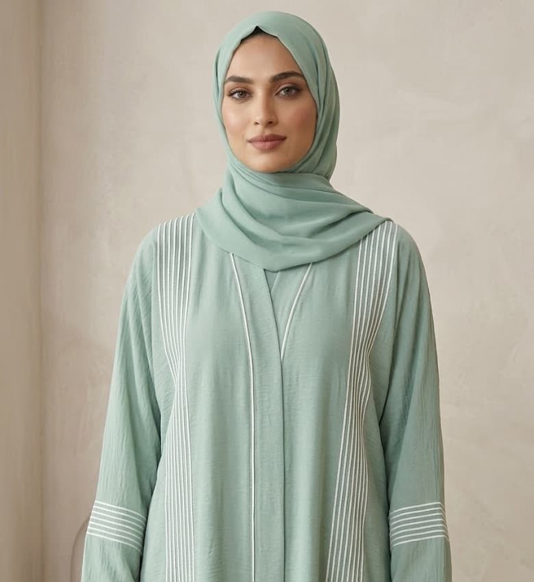 Contrast Piping Crinkle Front Open Abaya – 2-Piece Modest Fashion Canada
