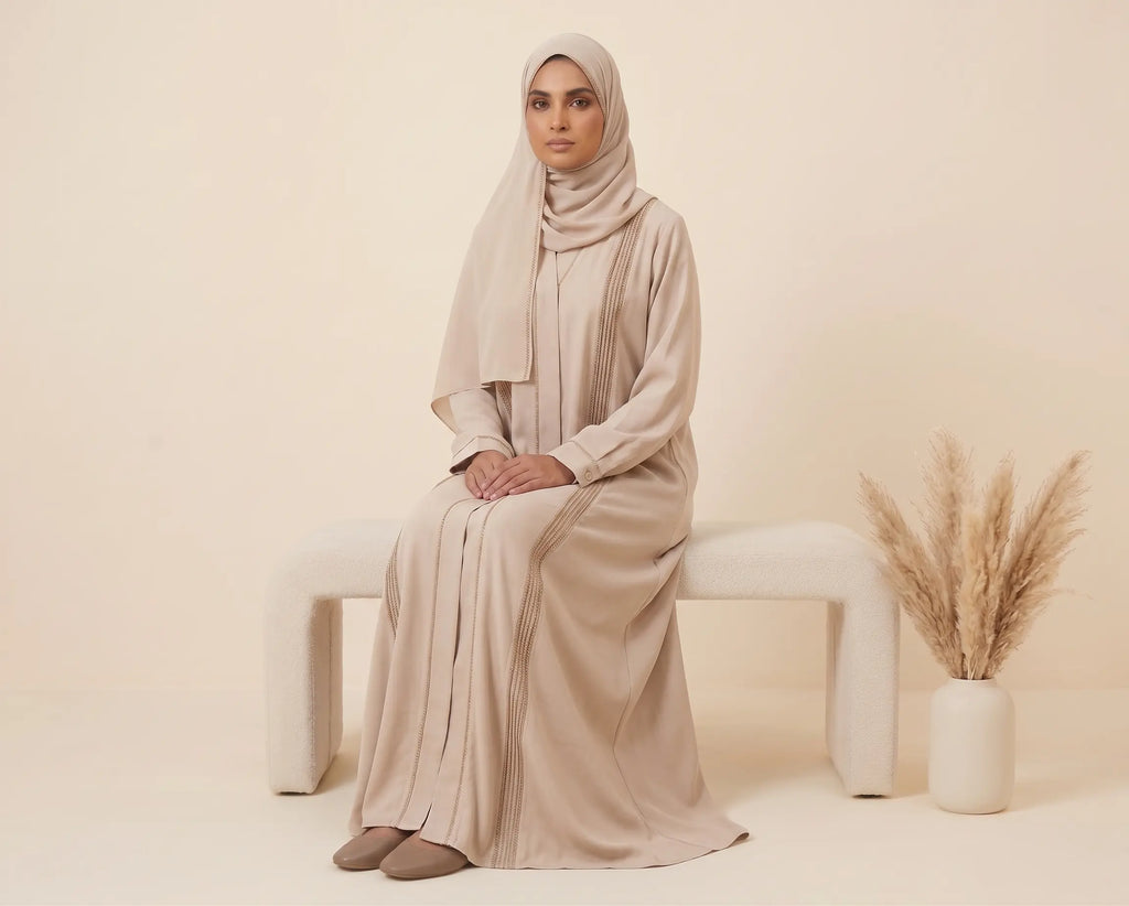 Classic Pleated Bead Trim Front Open Abaya – additional colour view