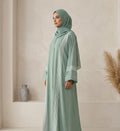 Contrast Piping Crinkle Front Open Abaya – Detail View | North Abaya Canada