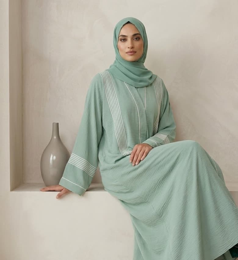 Contrast Piping Crinkle Front Open Abaya – 2-Piece Modest Fashion Canada