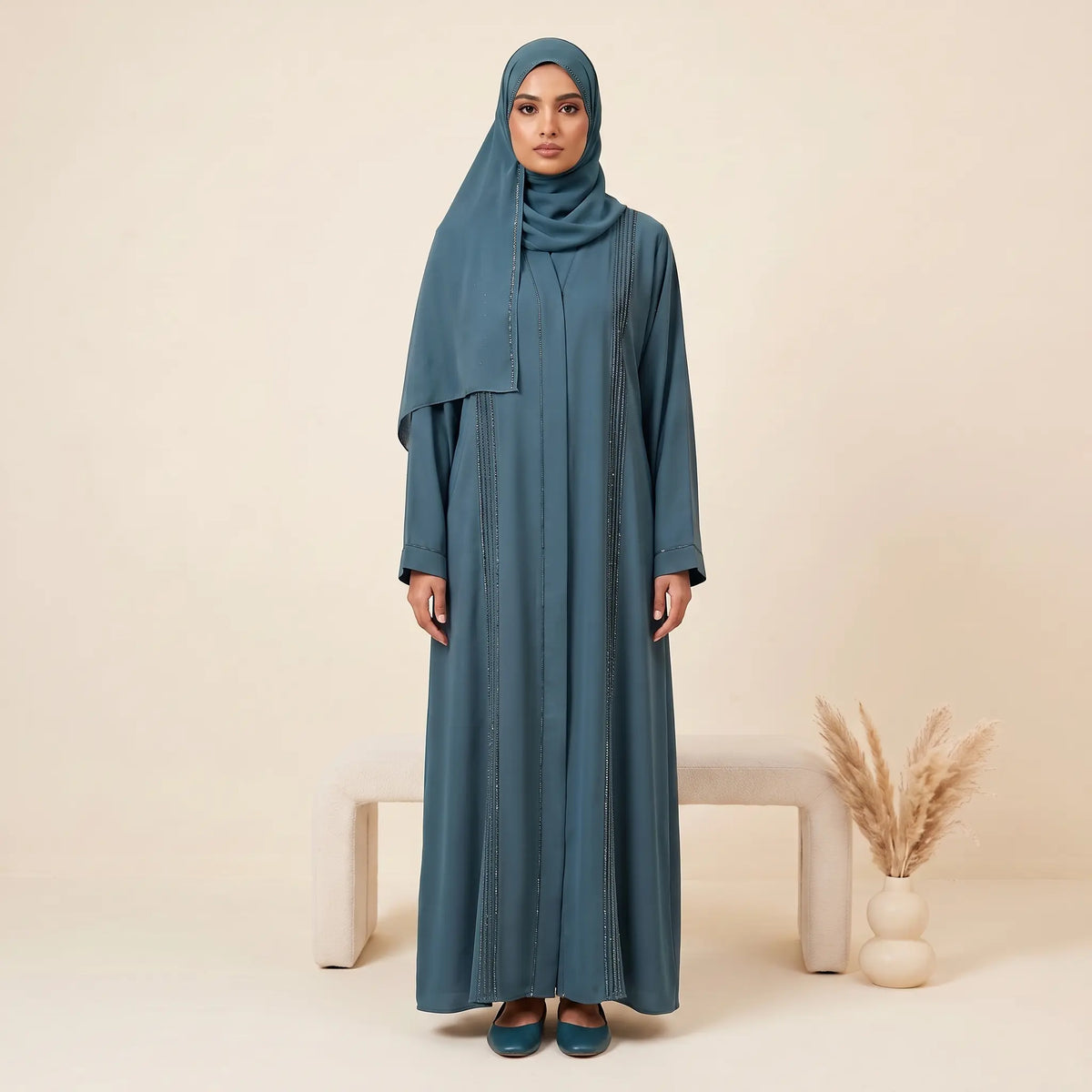 Classic Pleated Bead Trim Front Open Abaya – lifestyle editorial shot