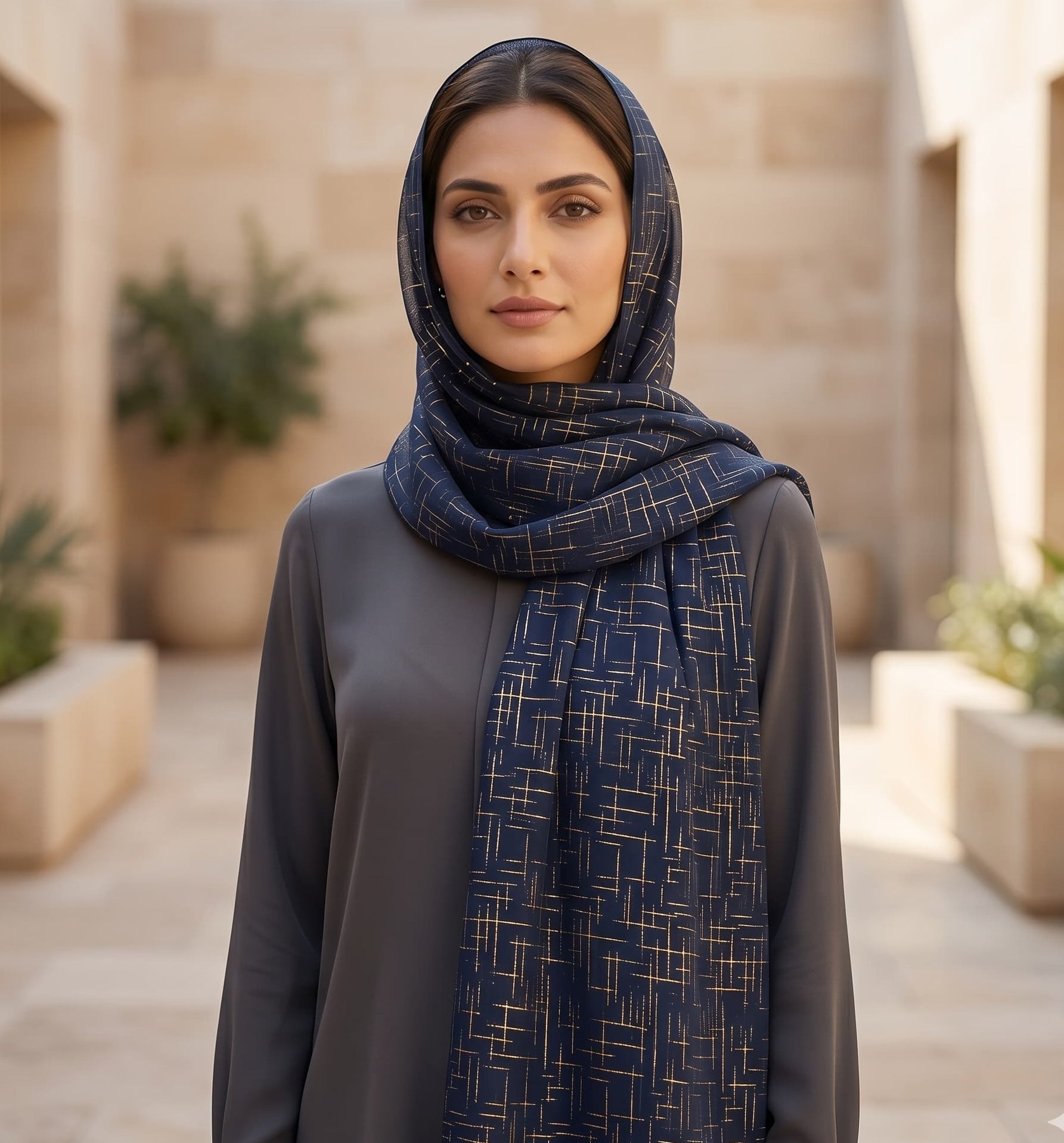 Navy Gold Crosshatch Print Chiffon Scarf – Hijab Canada
