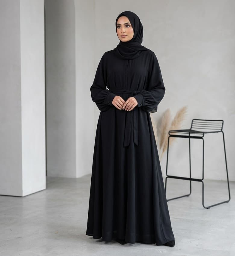 Belted Pleated-Sleeve Front Open Abaya – Premium Black Nida Modest Fashion Canada