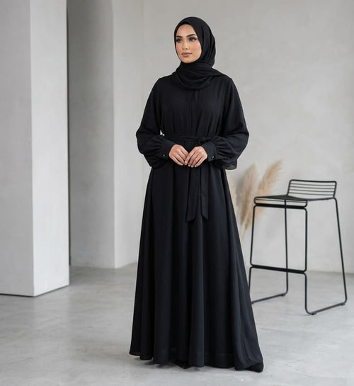 Belted Pleated-Sleeve Front Open Abaya – Premium Black Nida Modest Fashion Canada | North Abaya Canada
