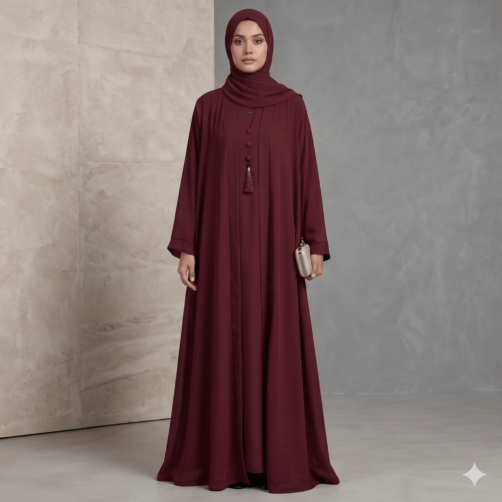 3PC Button-Hook Front Open Chiffon Abaya – Gown, Inner & Scarf