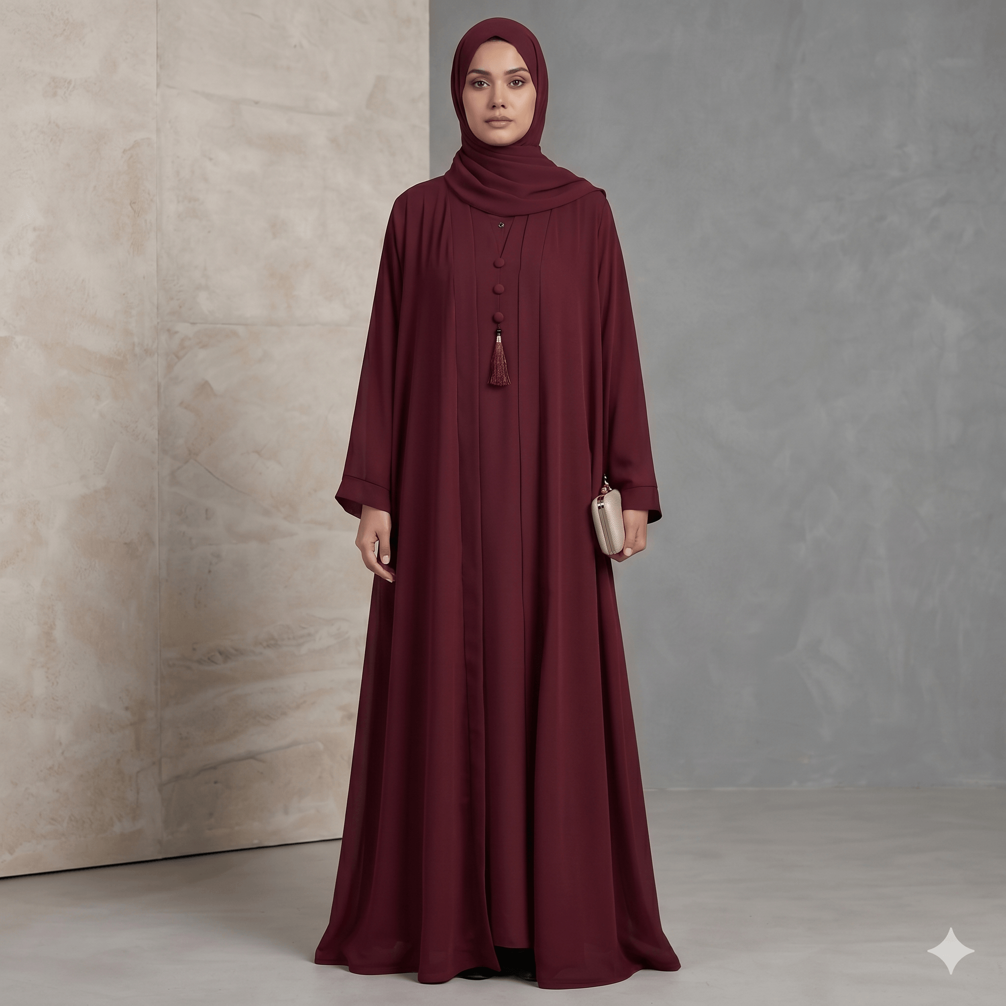 3PC Button-Hook Front Open Chiffon Abaya – Gown, Inner & Scarf