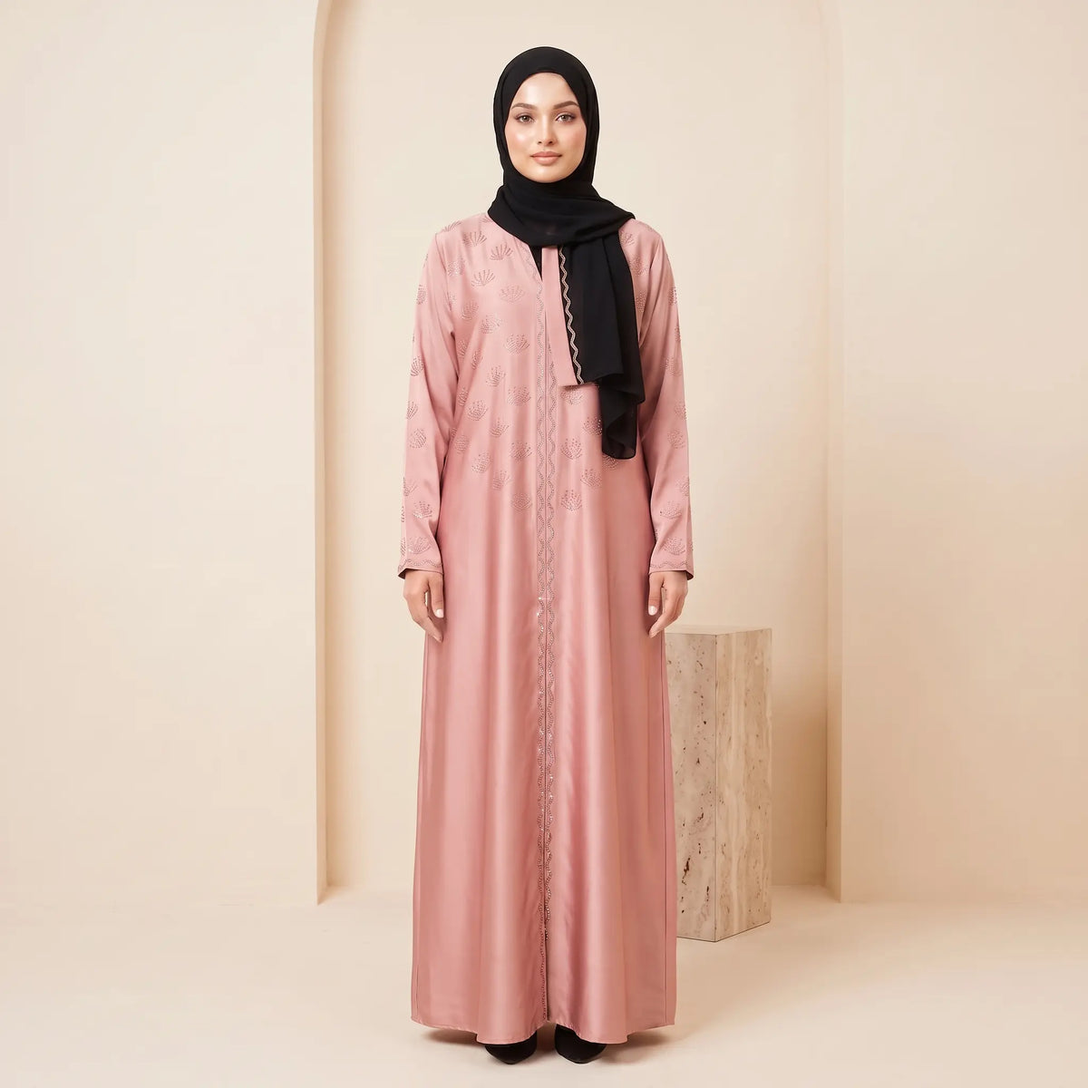 Blooming Bead Work Front Open Abaya in Sea Green – full length