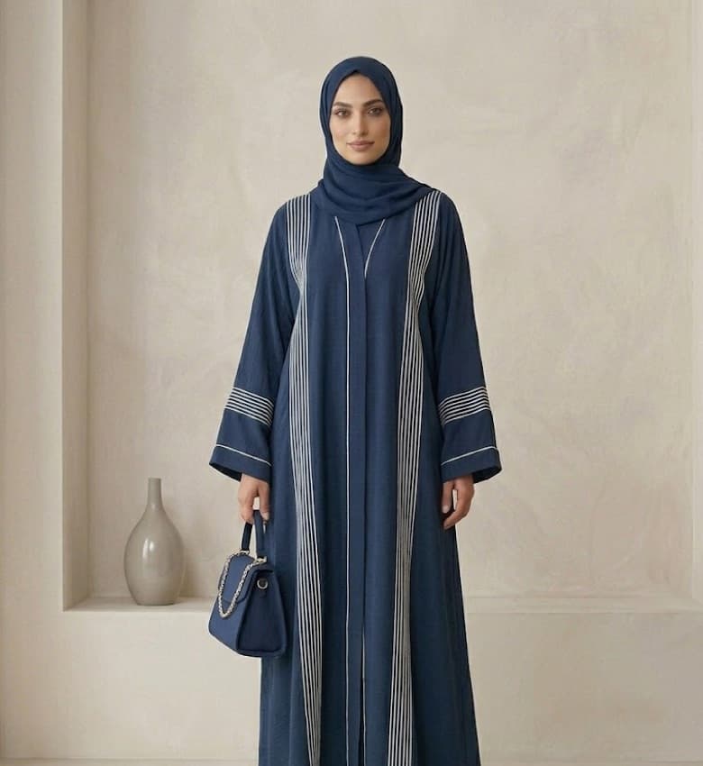 Contrast Piping Crinkle Front Open Abaya – 2-Piece Modest Fashion Canada