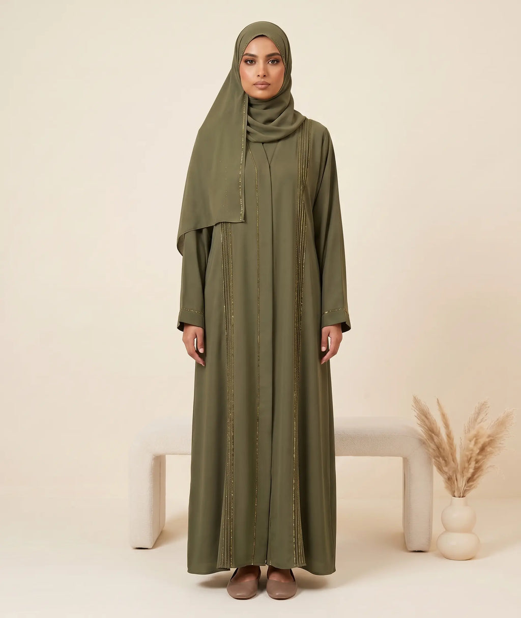 Classic Pleated Bead Trim Front Open Abaya – full collection colour spread