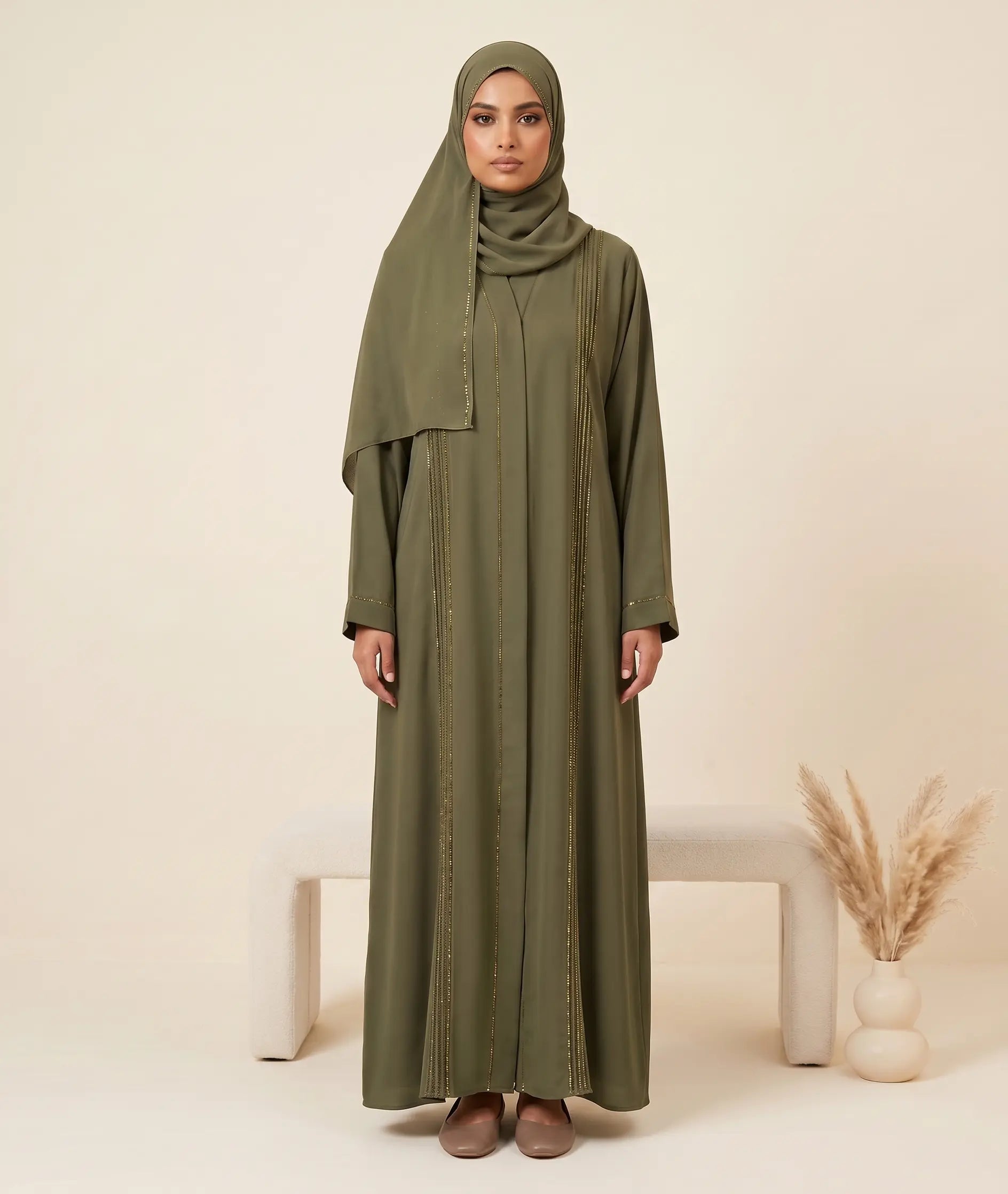 Classic Pleated Bead Trim Front Open Abaya – full collection colour spread