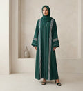 Contrast Piping Crinkle Front Open Abaya – Detail View | North Abaya Canada