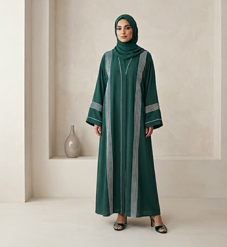 Contrast Piping Crinkle Front Open Abaya – 2-Piece Modest Fashion Canada