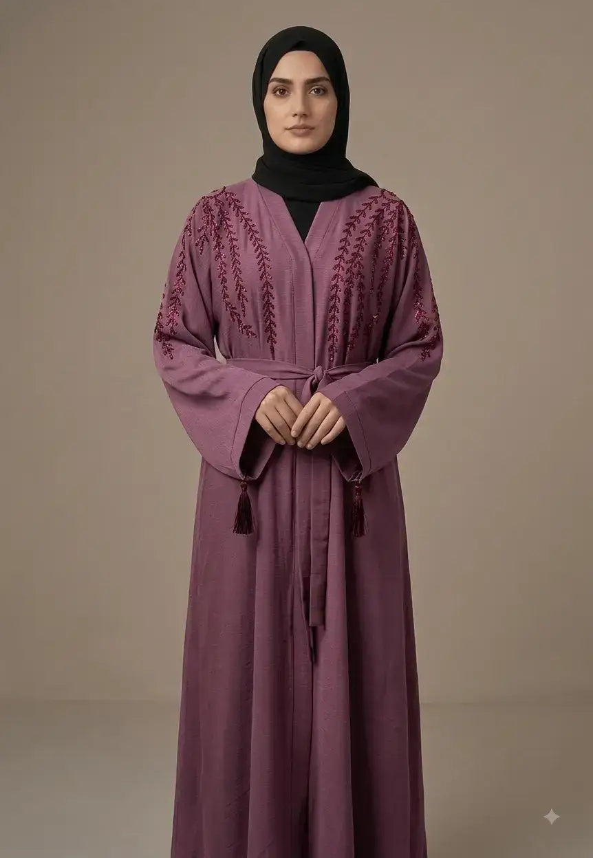 Embroidered Tassel Sleeve Belted Open-Front Abaya – Blue Nida
