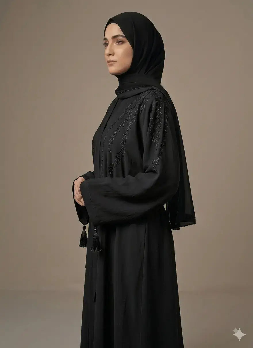 Embroidered Tassel Sleeve Belted Open-Front Abaya – Blue Nida
