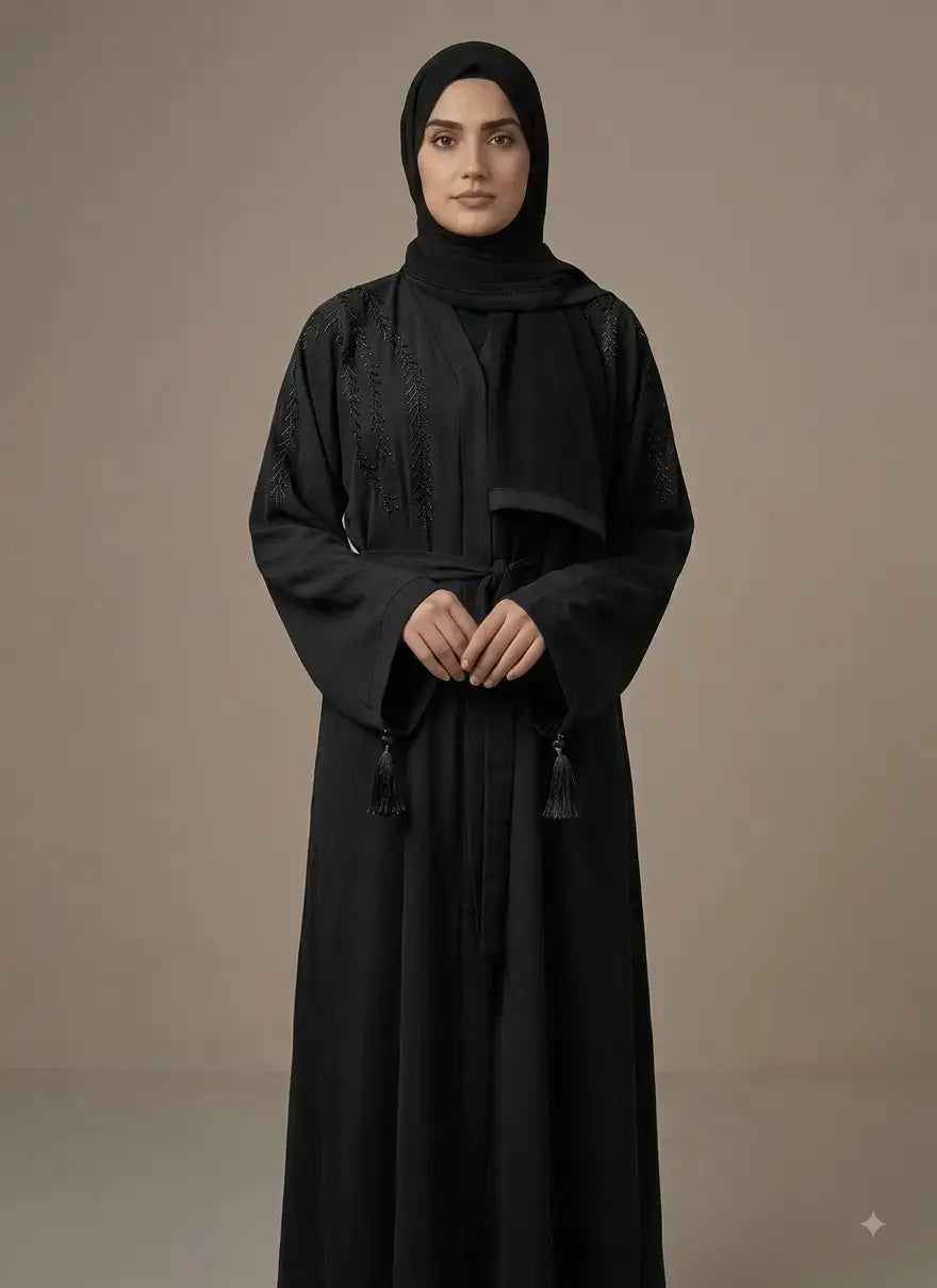 Embroidered Tassel Sleeve Belted Open-Front Abaya – Blue Nida
