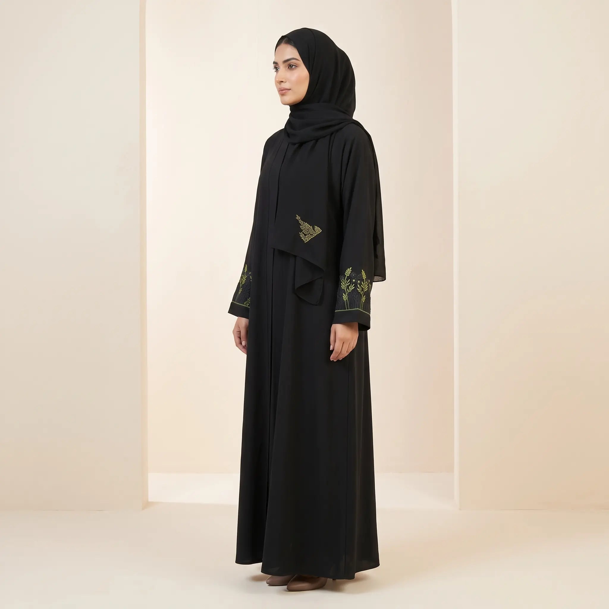 Floral Embroidered Sleeve Front Open Abaya – 2-Piece Set