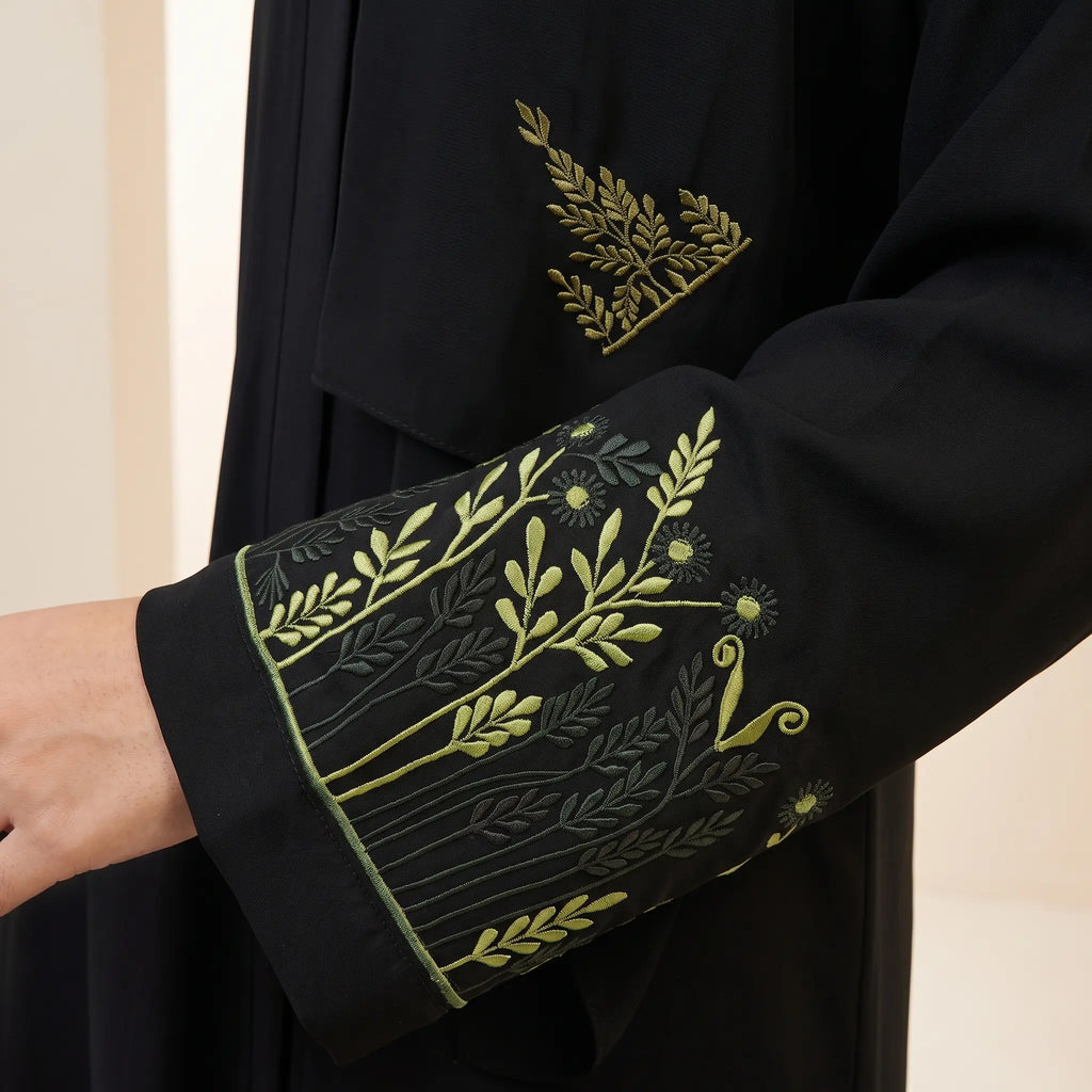 Floral Embroidered Sleeve Front Open Abaya – 2-Piece Set