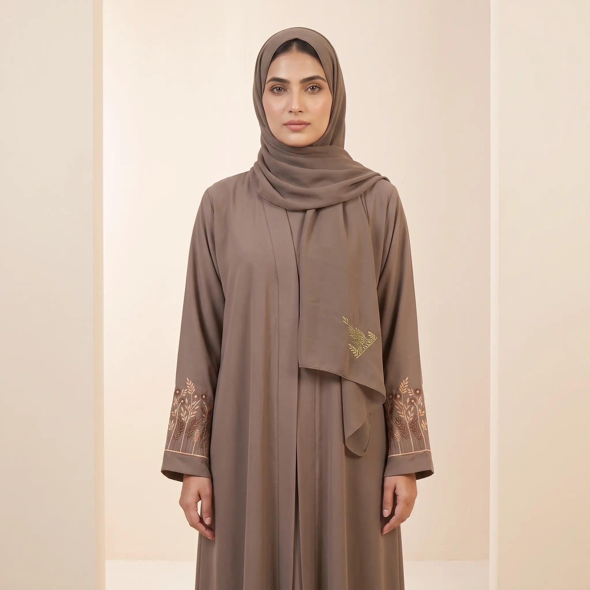 Floral Embroidered Sleeve Front Open Abaya – 2-Piece Set