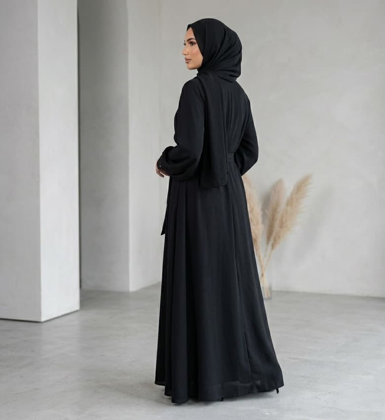 Belted Pleated-Sleeve Front Open Abaya – Premium Black Nida Modest Fashion Canada