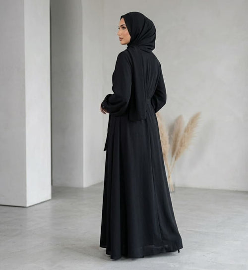 Belted Pleated-Sleeve Front Open Abaya – Detail View | North Abaya Canada