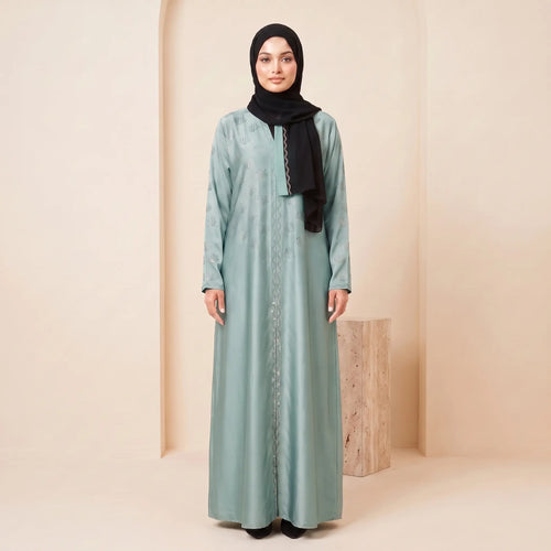 Blooming Bead Work Front Open Abaya in Dusty Rose – seated view
