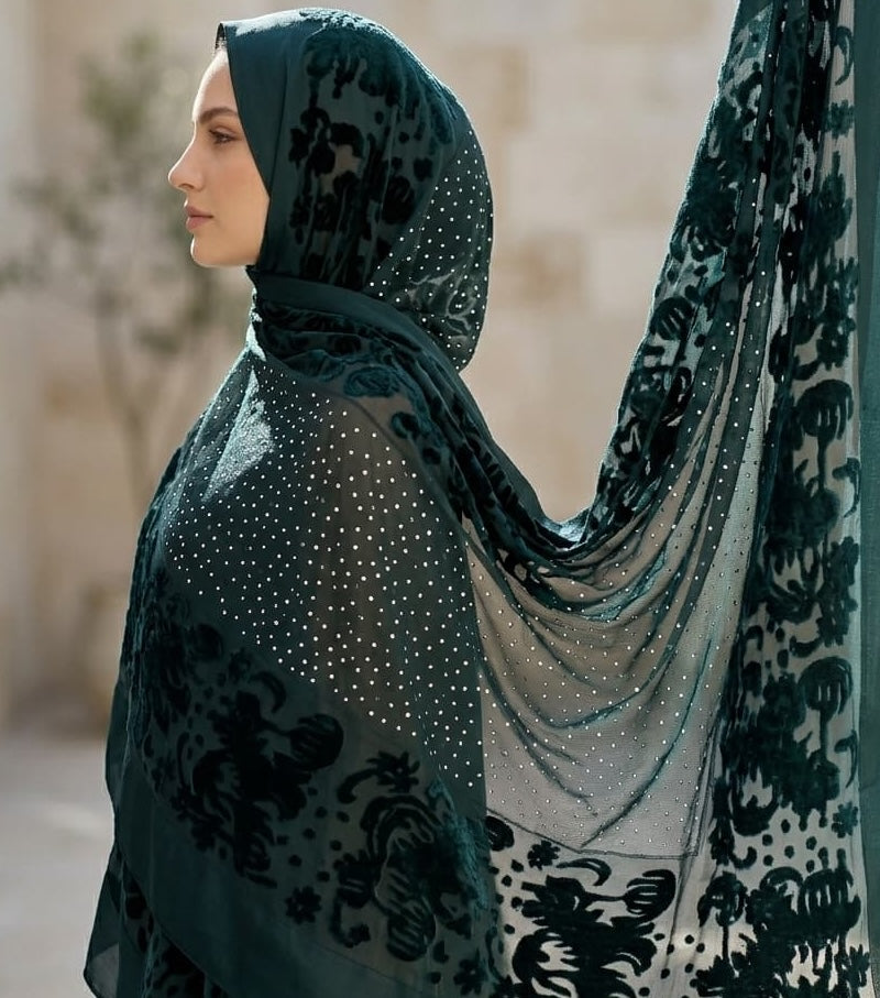 Forest Green Damask Dot Chiffon Scarf – Hijab Canada