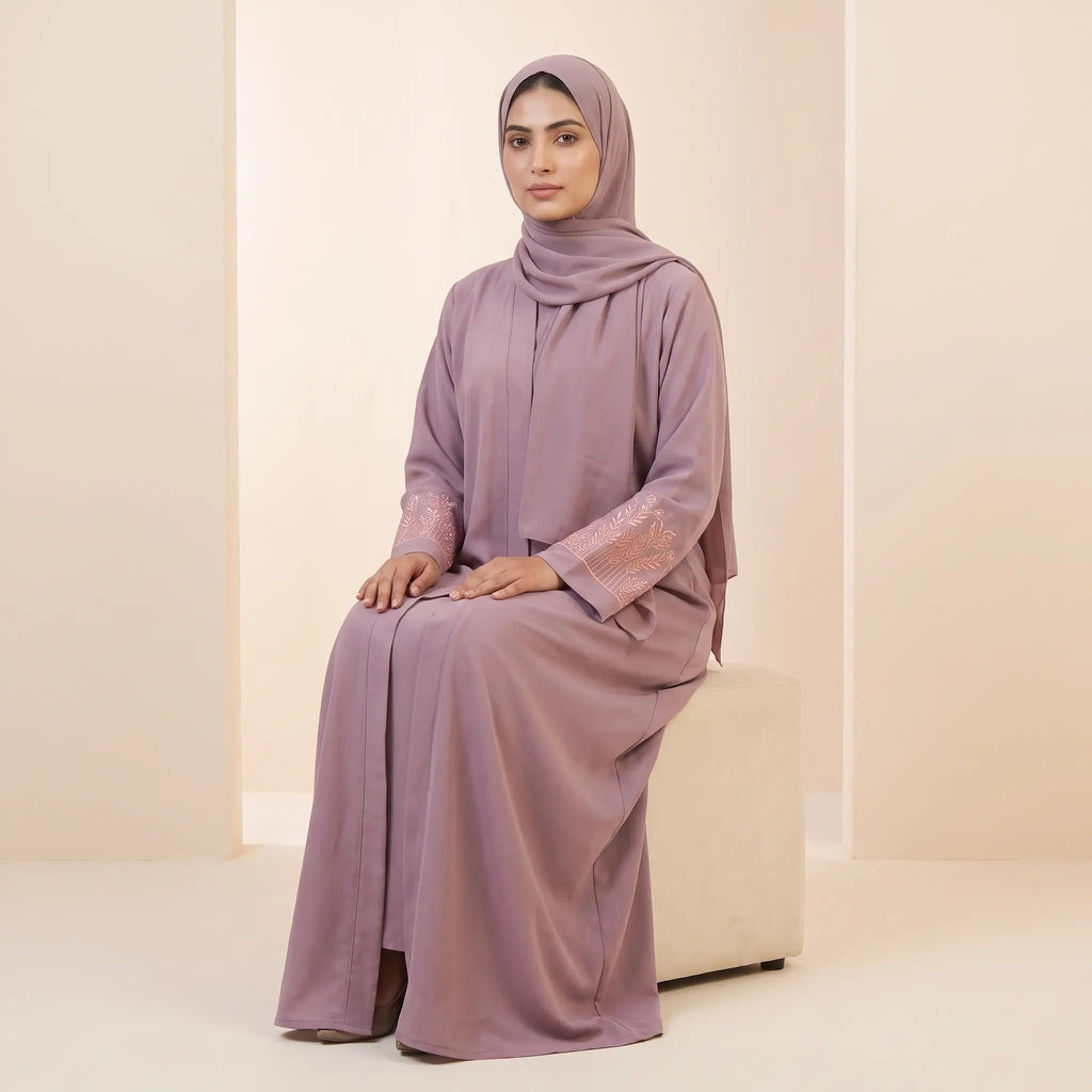Floral Embroidered Sleeve Front Open Abaya – 2-Piece Set