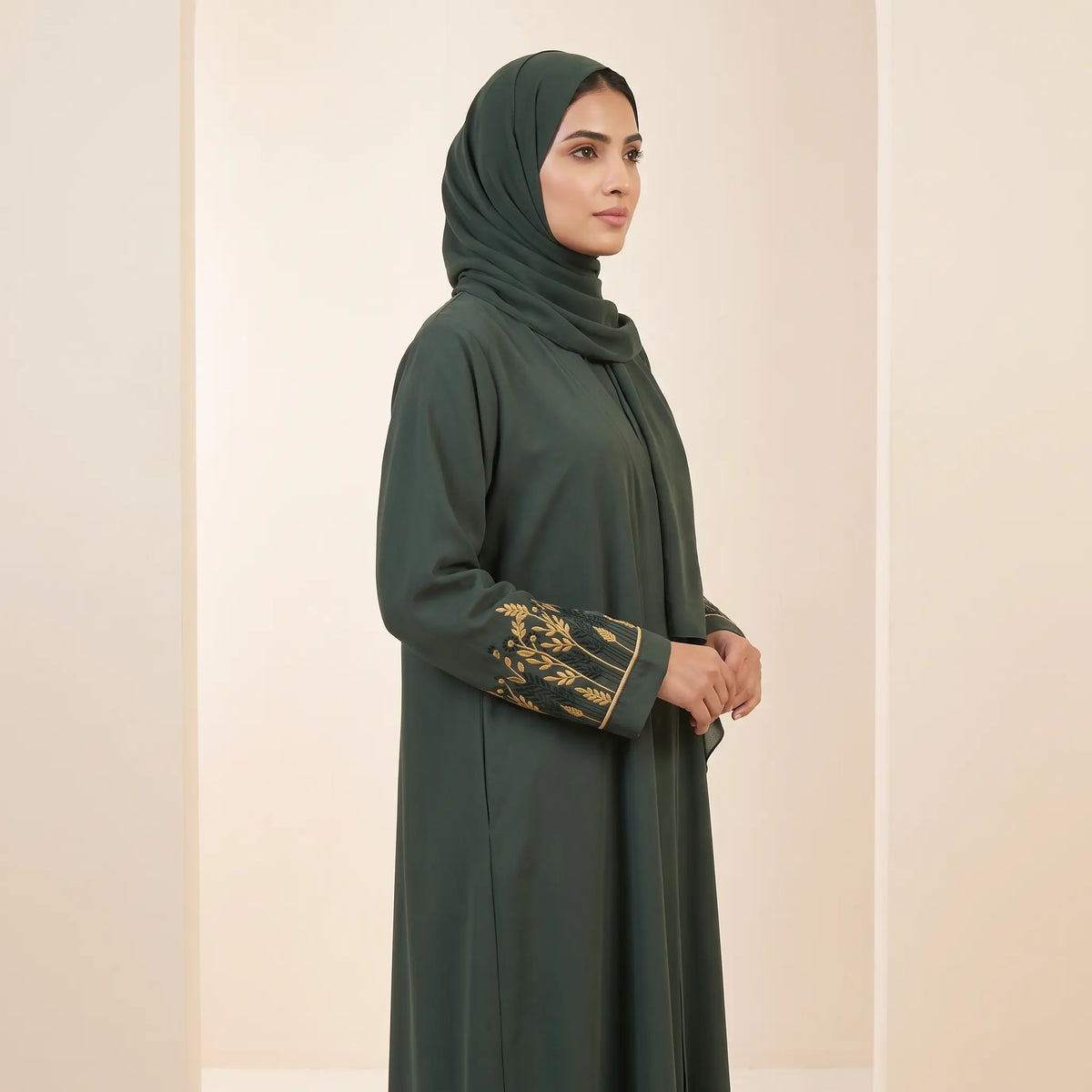 Floral Embroidered Sleeve Front Open Abaya – 2-Piece Set