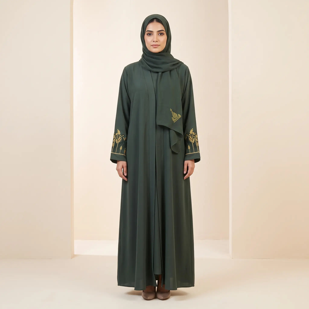 Floral Embroidered Sleeve Front Open Abaya – 2-Piece Set