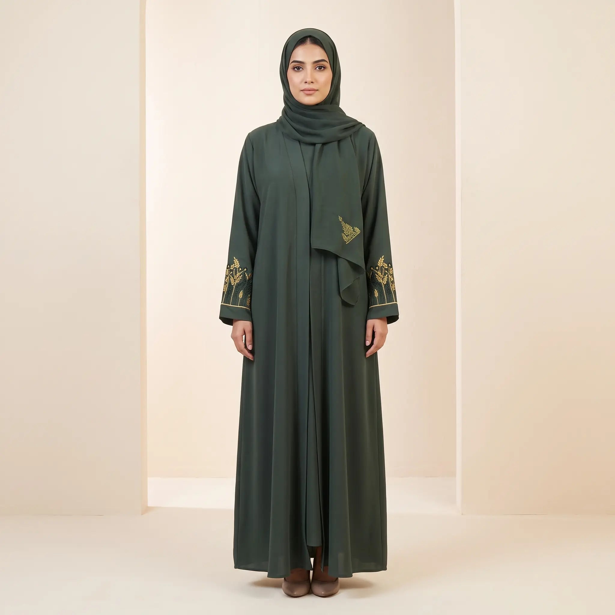 Floral Embroidered Sleeve Front Open Abaya – 2-Piece Set