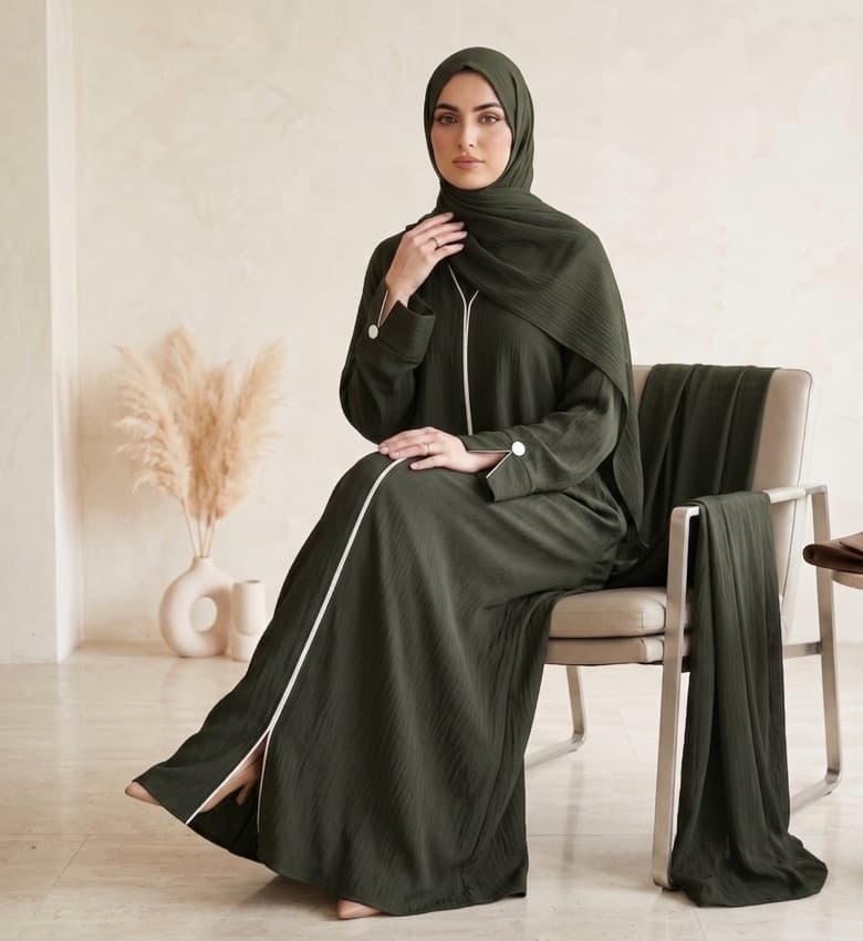 Slim Piping Crinkle Front Open Abaya – 2-Piece Casual Modest Fashion Canada
