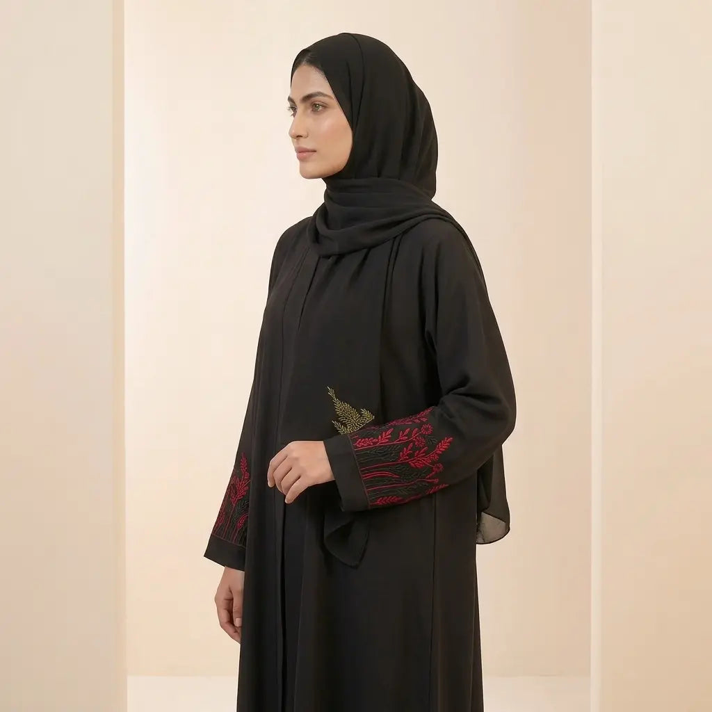 Floral Embroidered Sleeve Front Open Abaya – 2-Piece Set