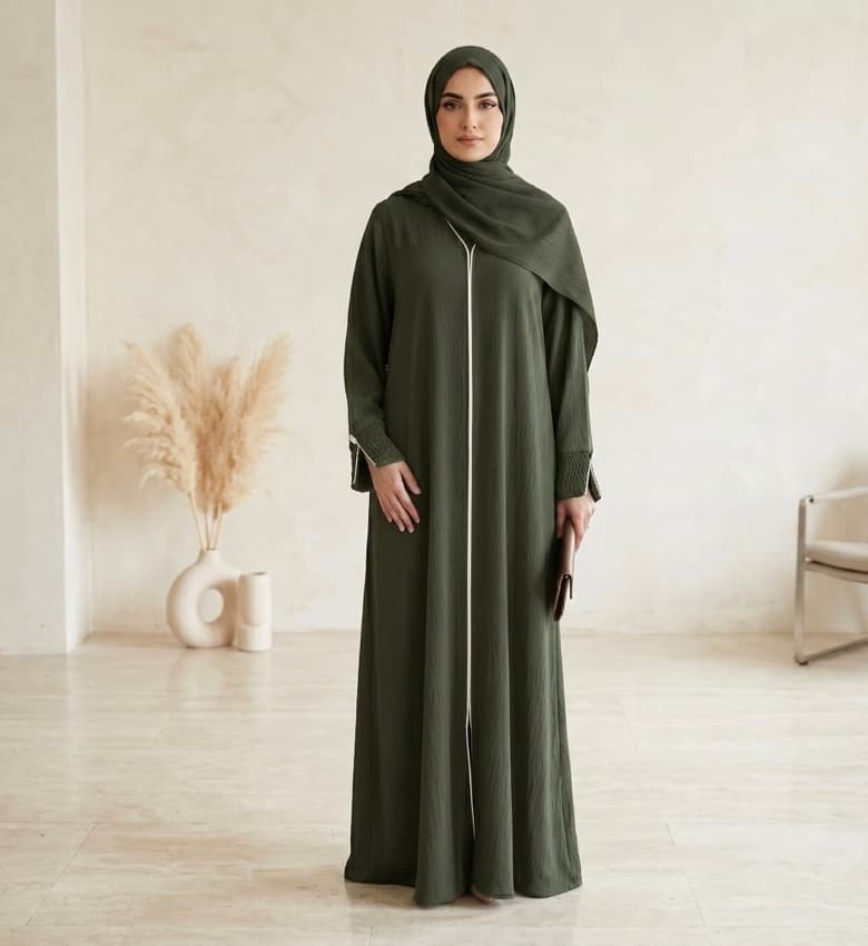 Slim Piping Crinkle Front Open Abaya – 2-Piece Casual Modest Fashion Canada